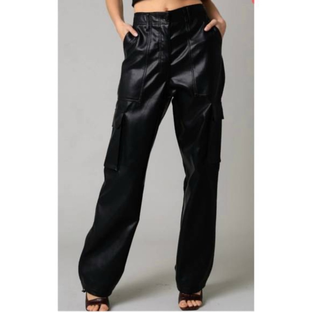 Olivaceous Black Pleather Wide Leg Cargo Pants